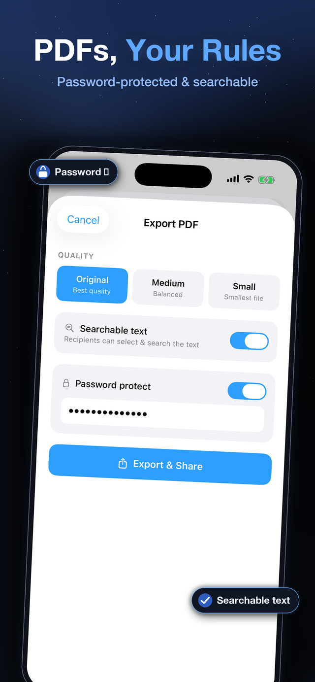 Exporting a password protected searchable PDF on iPhone